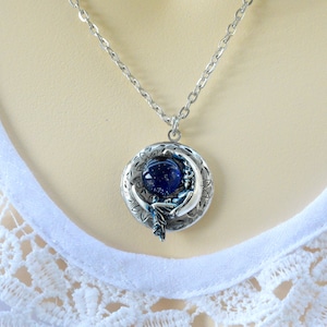 Moon Lady Locket Necklace Pendant Crescent Blue Moon Goddess Fantasy Art Jewelry Girl on Moon Shinny Star Blue Galaxy Antique Silver