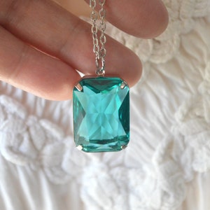 Large Green Blue Zircon 25x18mm Glass Jewel Necklace Crystal Stone Chain Necklace Antique Silver