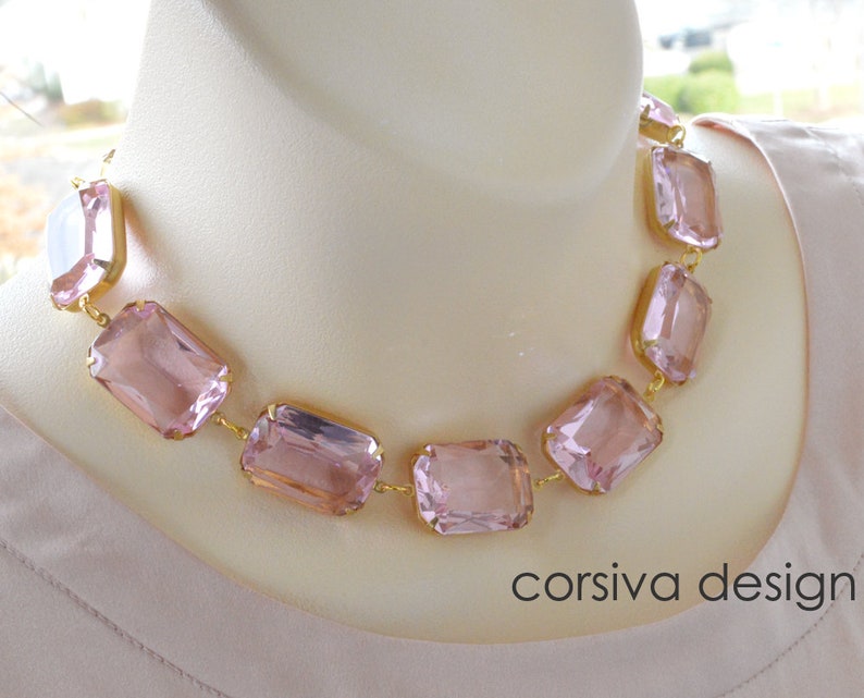 Anna Riviera Necklace Octagon Pink Glass Georgian Style Jewel Statement Necklace Choker image 2