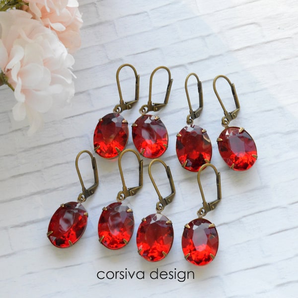 Ruby Glass Earrings Leverback Lever Back Oval Diamond Cut Pointed Back Red Jewel Antique Brass Wedding Jewelry Bridesmaid Girl Gift her