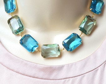 Riviera Riviere Collet Georgian Necklace Glass Stone Octagon Aqua 2 Tone Sea Aquamarine Blue Glass Crystal Jewel Statement Necklace Choker