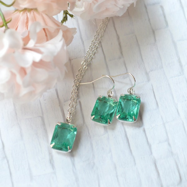 Water Aqua Green Octagon Glass Jewel Crystal Earrings Drop Dangle with Hook Sterling Silver Plated Wedding Event, Bridesmaid Jewelry