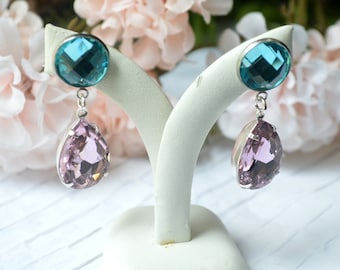 Crystal Earrings Pink Light Blue Tear Drop Stud Dangle Earrings