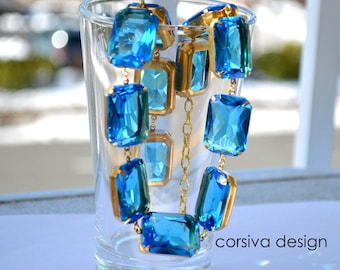 Georgian Riviera Anna Collar Octágono Azul Cristal Piedra Cristal Declaración Collar Gargantilla