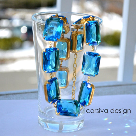 Georgian Riviera Anna Necklace Octagon Blue Glass Stone Crystal Jewel Statement Necklace Choker