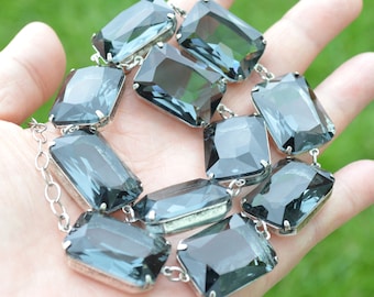 Black Diamond Collet Georgian Necklace Riviera Riviere Glass Stone Octagon Green Peridot Glass Crystal Jewel Statement Necklace Choker