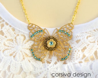 Butterfly Filigree Pendant Necklace Brass Gold Rhinestone Crystal Victorian Style Cherry Flower Blue Crystal