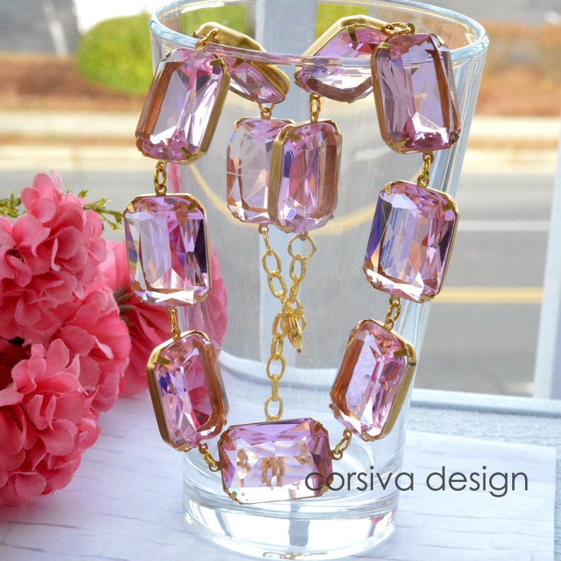 Anna Riviera Necklace Octagon Pink Glass Georgian Style Jewel Statement Necklace Choker image 4