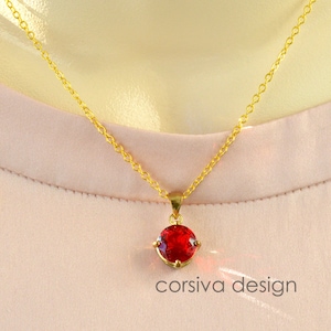 Ruby Red Glass Crystal Pendant Necklace Chain Gold Chain Necklace Dainty pendant Faceted Glass Crystal Jewel in Floral Prong Setting Charm
