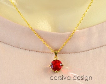 Ruby Red Glass Crystal Pendant Necklace Chain Gold Chain Necklace Dainty pendant Faceted Glass Crystal Jewel in Floral Prong Setting Charm