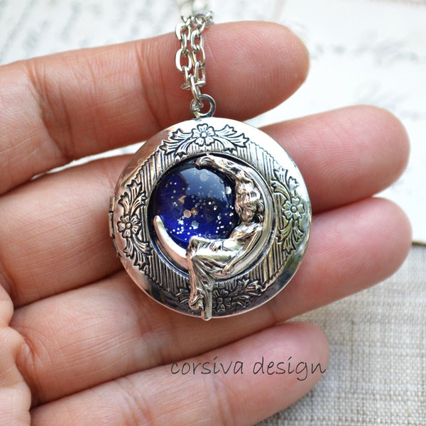 Moon Locket Pendant Necklace Crescent Moon Goddess Fantasy Art Jewelry Girl Lady on Moon Blue Galaxy Antique Silver