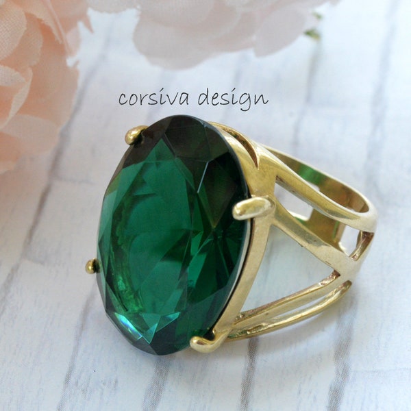 Emerald Over Sized Cocktail Statement Finger Ring Oval 25x18mm Glass Jewel Gem Stone Sterling Silver Plated Rose Gold Plated  Polished Brass