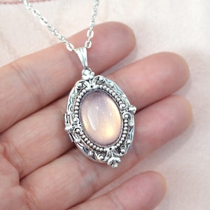 Pinkish Moon Stone Glass Oval Locket Victorian Filigree Glass Jewel Cabochon Lockets Pendant Necklace Photo Locket Gift for Her