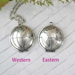 Collar con medallón de cadena redonda con estampado de globo terráqueo, planeta Tierra, chapado en plata de ley oxidada.