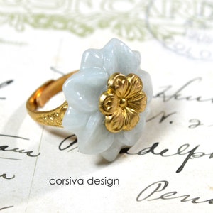 Adjustable Ring Hand Carved Jade Flower with Brass Cherry Blossom in the Center and Raw Brass band