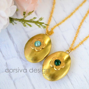 Oval Locket Necklace BirthStone Rhinestone Dainty Cherry flower Raw Brass, Gift For Her