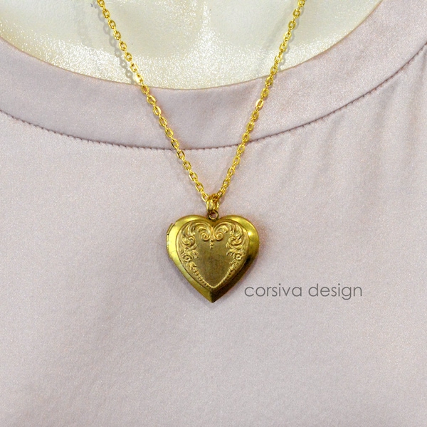 Heart Locket Chain Necklace Victorian Style Raw Brass Golden Made in USA