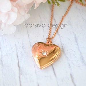 Rose Gold Heart Locket Necklace BirthStone Rhinestone Dainty 18x20mm Gift for her, Lady Girl
