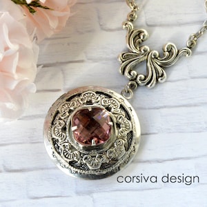 Silver Locket Round Locket Faceted Amethyst Garnet Glass Crystal Jewel Filigree Antique Silver Chain