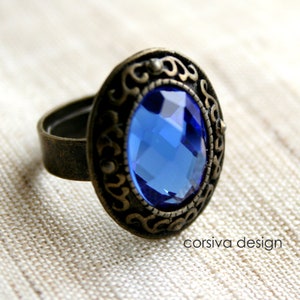 Adjustable Ring Sapphire Blue Glass Jewel Antique Brass, Old Fashion