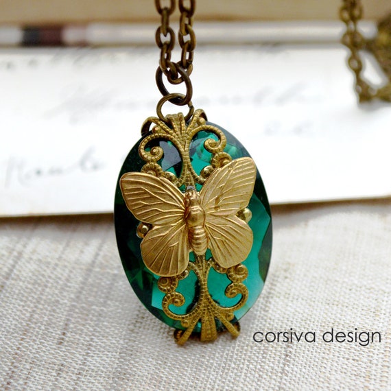 Butterfly Necklace Filigree Wrapped Emerald Green Glass Jewel