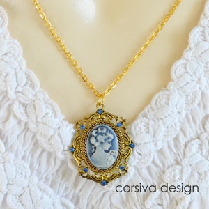 Cameo Necklace Antique Gold Frame Setting Pendant Crystal Rhinestone Blue Victorian Woman Lady Portrait Romantic Antique Style