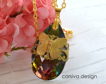 Butterfly Filigree Wrapped K9 Crystal Tear Drop Pendant Multi Color Necklace Gold Chain