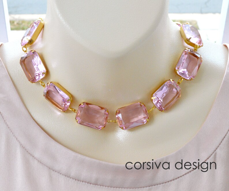 Anna Riviera Necklace Octagon Pink Glass Georgian Style Jewel Statement Necklace Choker image 1