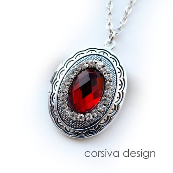 Silver Locket Oval Faceted Red Crystal Glass Jewel with Rhinestones Necklace Antique Silver