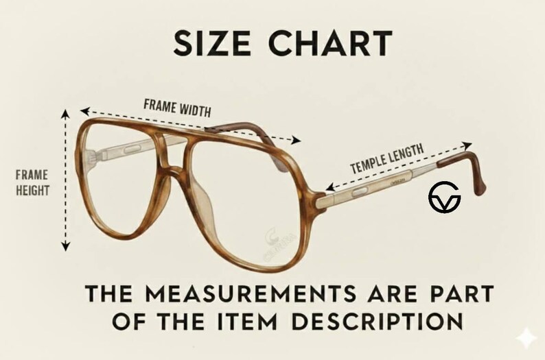 The image is a size chart that provides measurements for a pair of glasses, including frame width, temple length, and temple height. The measurements are part of the item description, and the text states that the measurements are part of the item description.