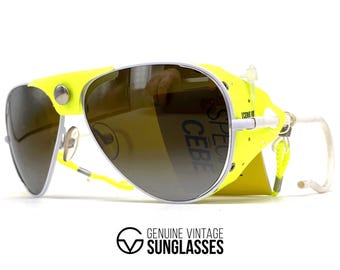 Gafas de sol deportivas vintage CEBE 0196 Glacier - Francia años 90 - Grande - Nuevas - Blanco / Amarillo / Doble espejo