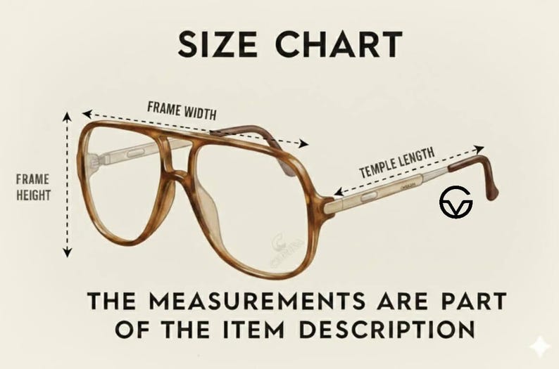 The image is a size chart that provides measurements for a pair of glasses, including frame width, temple length, and temple height. The measurements are part of the item description, and the text states that the measurements are part of the item description.