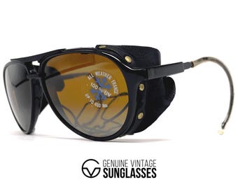 NOS vintage BOLLE 8378 leather glacier sunglasses - France 1980's - Black / Brown - Medium - Original