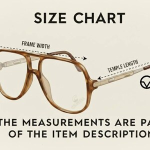 The image is a size chart that provides measurements for a pair of glasses, including frame width, temple length, and temple height. The measurements are part of the item description, and the text states that the measurements are part of the item description.