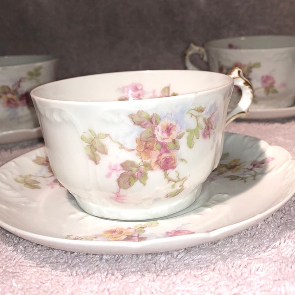 Set of 4 Antique Charles Field Haviland Limoges France Pink Yellow Roses Tea Cups with Saucers | EXTREMELY RARE