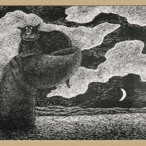 Cartolina del gatto di Edward Gorey - originale inutilizzata VINTAGE 1994 - Gatto che riposa su un pollice - Gotham Book Mart
