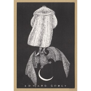 Edward Gorey cartolina originale VINTAGE Halloween inutilizzata 1978 - Gorey su un pipistrello sulla luna - Catalogo Gotham