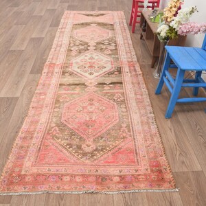 4x13 Turkish rug,4x13 Vintage rug,Neutral rug,,Faded runner rug,Oushak runner rug,Living room rug,Muted vintage rug,Hallway rug,B-2907