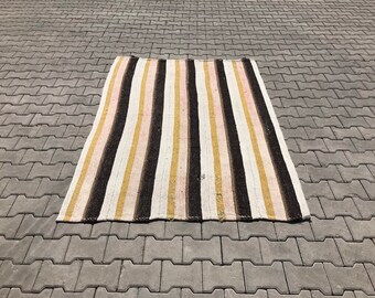 Tapete de lã e cânhamo, tapete kilim de 6,6 x 4,7 pés, tapete vintage, tapete kilim feito à mão, tapete anatólio, tapete anatólio, tapete listrado, tapete de pelo de cabra