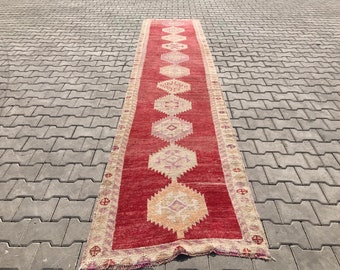 Alfombra roja de 3 x 12 pies, alfombra de pasillo, alfombra de pasillo Oushak, alfombra vintage, alfombra bohemia, alfombra de 3 x 12 pies, alfombra de lana, alfombra turca de 3 x 13 pies, alfombra de pasillo, alfombra suave, B-366