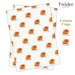 May include: Two sheets of wrapping paper with a repeating pattern of a Highland cow with the text "Let your hair down!" and blue and white confetti. Two matching gift tags are included.