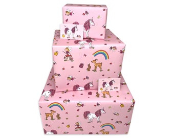 Girls Wrapping Paper - Pink Unicorns - 2, 4 or 6 Sheets & Tags - 70cm x 50cm Folded Sheets - Cute Children's Happy Birthday Gift Wrap Kids