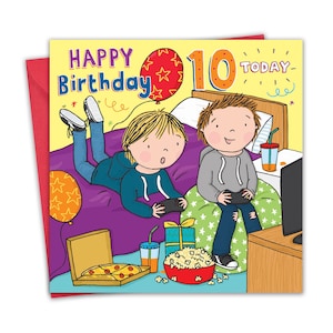 Tarjeta de cumpleaños número 10 para niños - Fiesta de pijamas en juegos - Tarjeta de feliz cumpleaños de 10 años para niños - Tarjeta de cumpleaños para niños de 10 años de edad diez