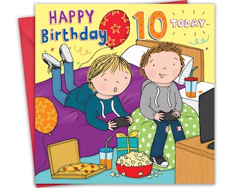 10th Birthday Card for Boys - Gaming Sleepover - Age 10 Happy Birthday Card for Kids - 10 Year Old Childrens Birthday Card Age Ten