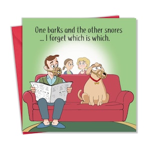 Biglietto divertente con disegno di cane che abbaia e uomo che russa - Biglietto vuoto divertente - Biglietto di compleanno divertente per uomini o donne - Biglietto di buon compleanno per lei e lui