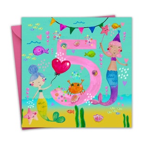 Tarjeta de 5.º cumpleaños para niñas - Sirenas - Tarjeta de feliz cumpleaños para niñas de 5 años - Tarjeta de quinto cumpleaños - Tarjeta de cumpleaños para niñas de 5 años