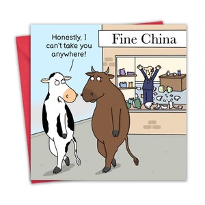 Divertente biglietto Bull China Shop - Biglietto di auguri di buon compleanno per uomo o donna - Mamma o papà Divertente biglietto vuoto per lui e lei - Biglietto di anniversario marito moglie