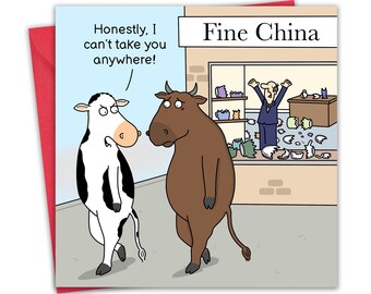 Funny Card Bull China Shop - Happy Birthday Card for Men or Women - Mum or Dad Funny Blank Card for Him Her - Anniversary Card Husband Wife