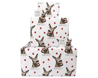 Papel de regalo de feliz cumpleaños para hombre o mujer - Burro de edad - 2, 4 o 6 hojas y etiquetas - Hojas dobladas de 70 cm x 50 cm - Papel de regalo divertido