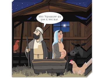 Puede incluir: Una pila de tarjetas navideñas cuadradas con una escena de nacimiento de dibujos animados. José y María están en un establo con un burro, gallinas y una estrella. El texto en un bocadillo dice: "Well Tripadvisor did give it one star."